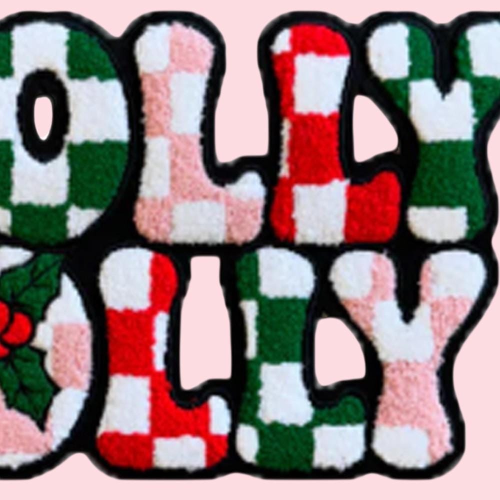 Holly Jolly Checkered Chenille Iron On Patch